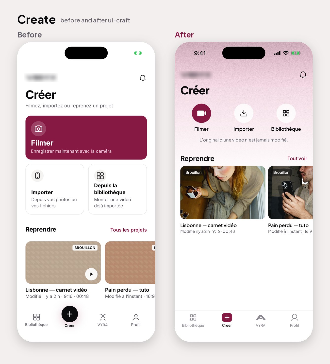 Before and after: large Create-screen cards replaced by compact actions and real project previews