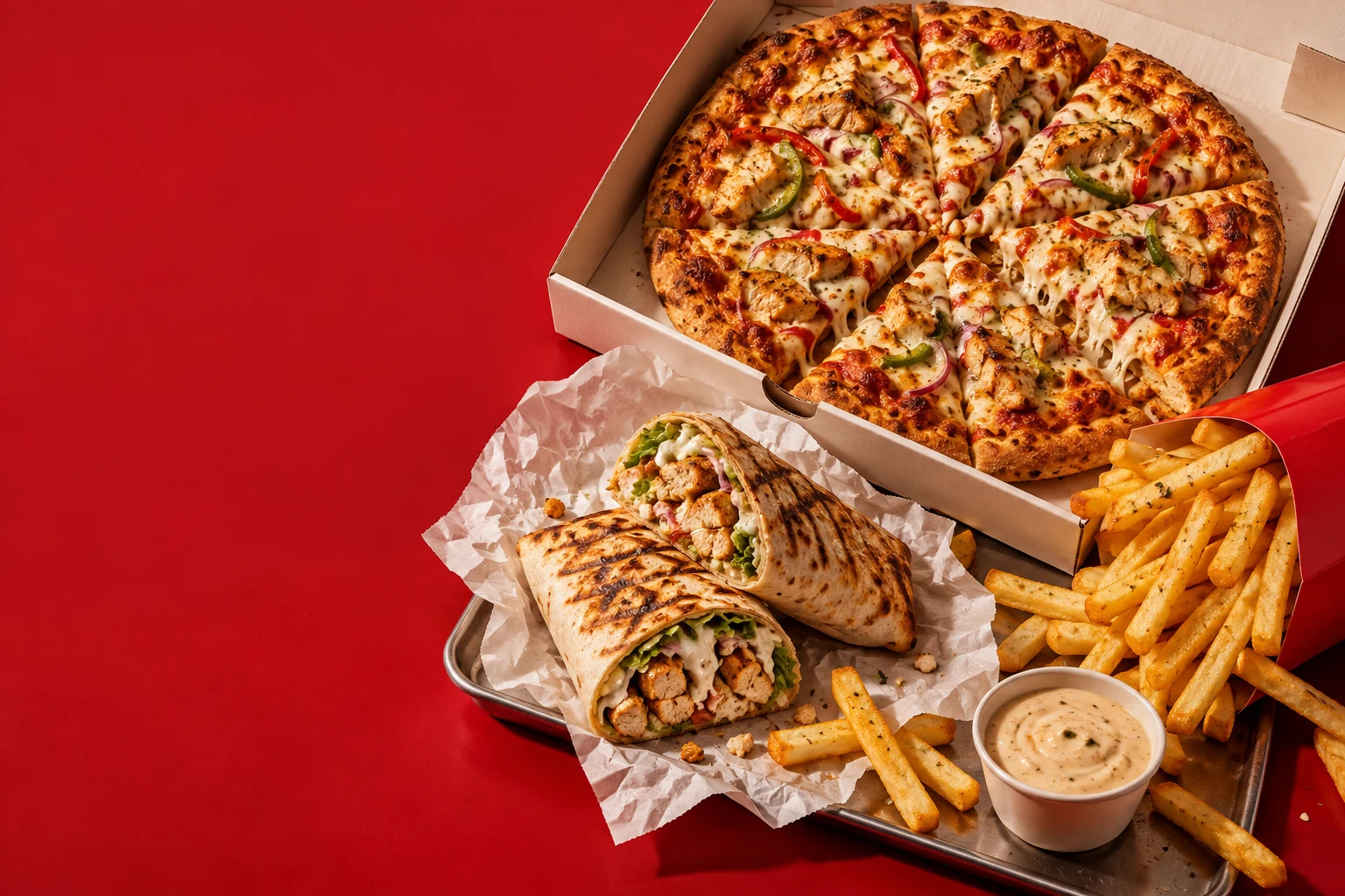 Pizza, grilled tacos and fries on Toronto Food’s red service counter