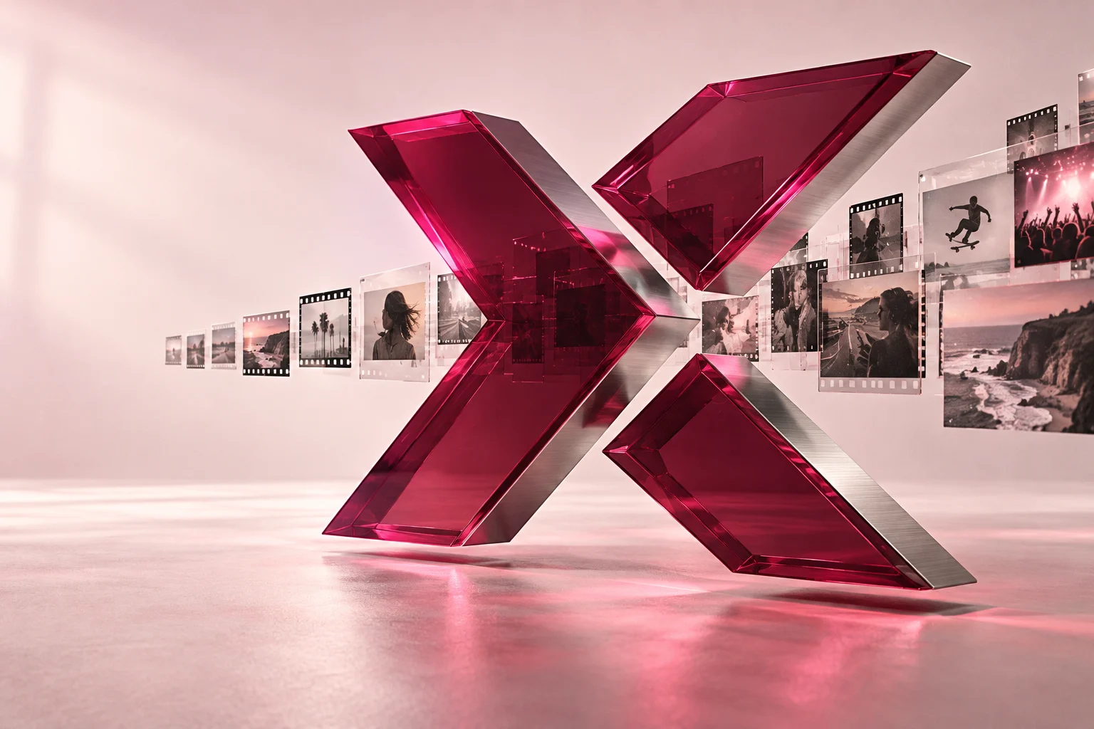 VEDYX’s raspberry glass sculpture and floating film frames